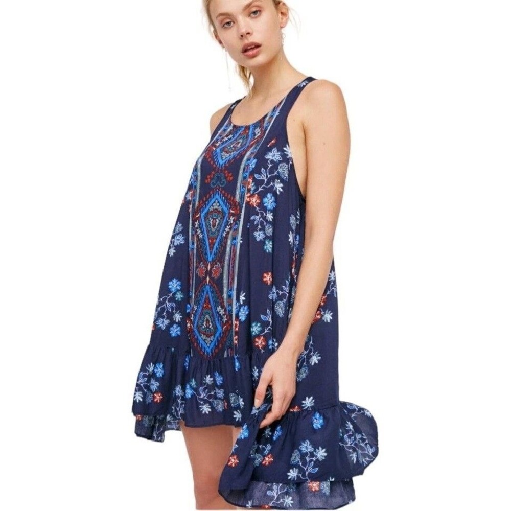 Intimately Free People Annka Boarder Slip Dress Womens Size S Blue Print Ruffle